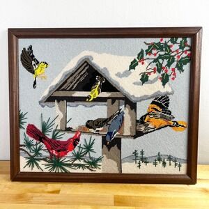 Framed Needlepoint Art Winter Birds Cardinal Goldfinch Oriole Birdhouse Scene
